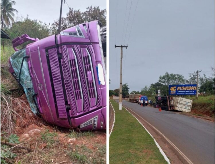 Caminhoneiro fica ferido após perder o controle e tombar carreta