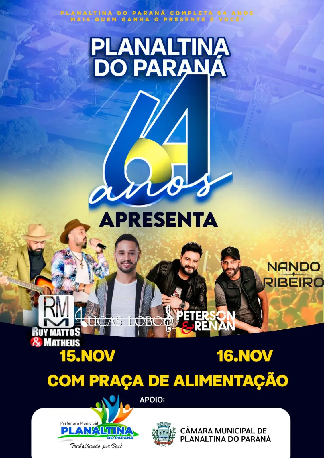 Planaltina do Paraná celebra 64 anos com festa gratuita e shows na praça