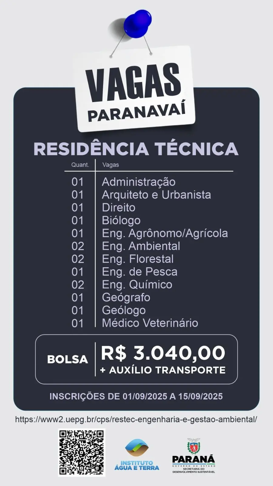 Instituto Água e Terra abre inscrições para residência técnica com 15 vagas em Paranavaí